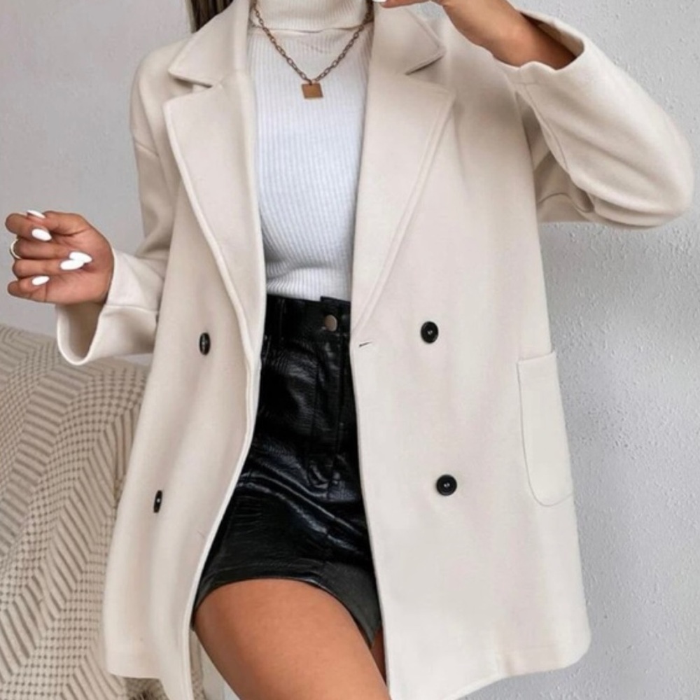 SHEIN Women's Beige Double-Breasted Pea Coat